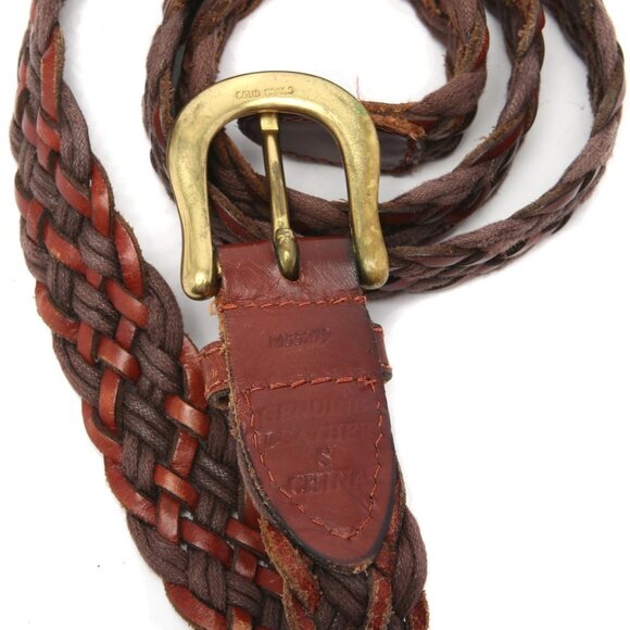 Vintage Leather Braided Belt Solid Brass Buckle Browns Retro Unisex 1990s - Picture 10 of 10